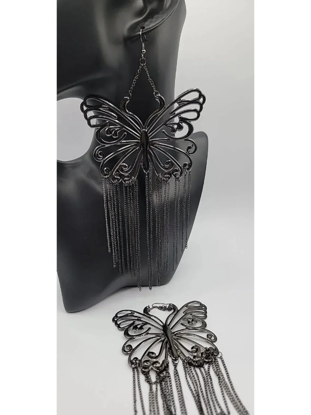 XXL Butterfly Runway Earrings Black Butterfly Tassel Statement Dangle Hooks 8"+ - Picture 1 of 10